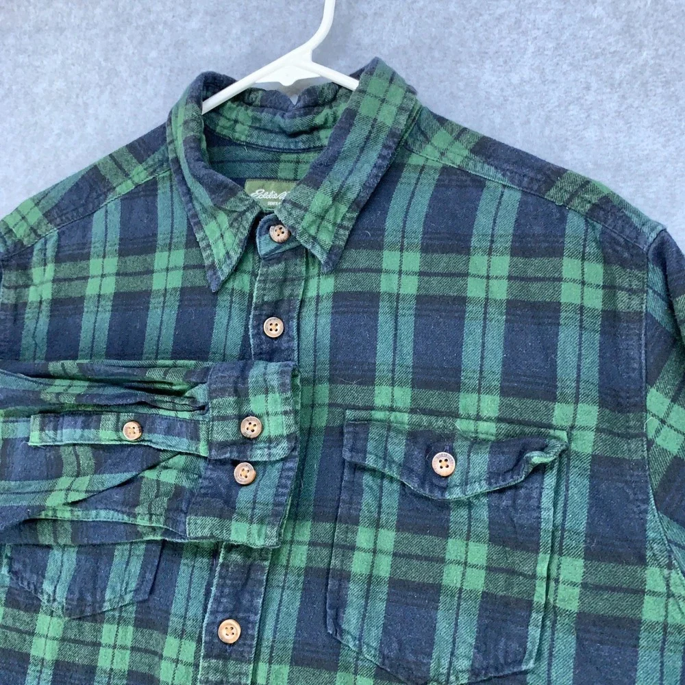 Eddie Bauer Flannel Shirt Mens XL Green Blackwatch Plaid Cotton SU7059
